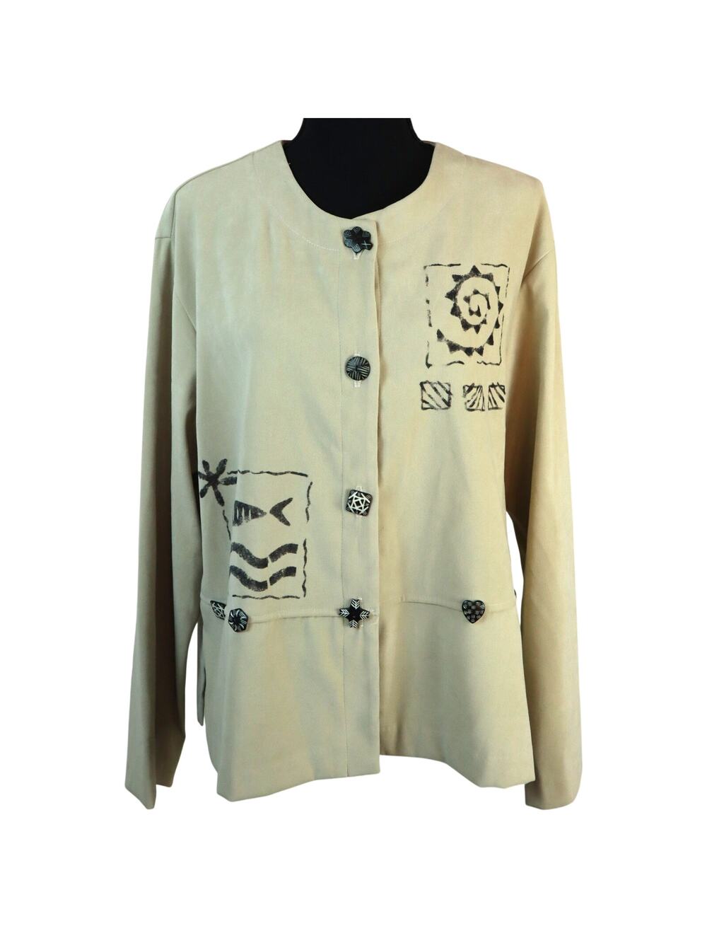 Vintage 90s Jacket Shacket Cardigan Sun Fish Button Boho Lagenlook Microsuede 14